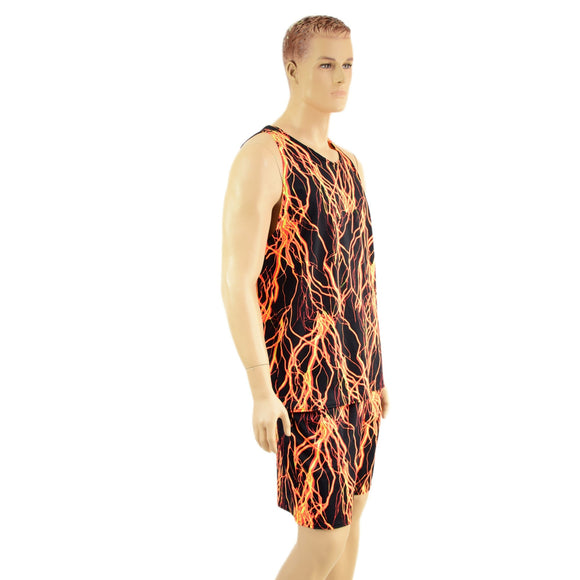 Mens Basketball Shorts and Muscle Shirt Set in Neon Orange Lightning - Coquetry Clothing