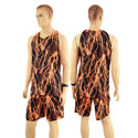Mens Basketball Shorts and Muscle Shirt Set in Neon Orange Lightning - 1