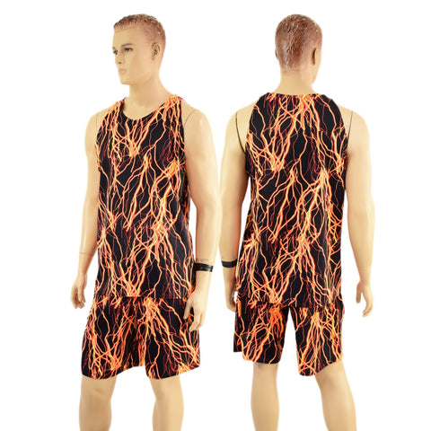 Mens Basketball Shorts and Muscle Shirt Set in Neon Orange Lightning - Coquetry Clothing