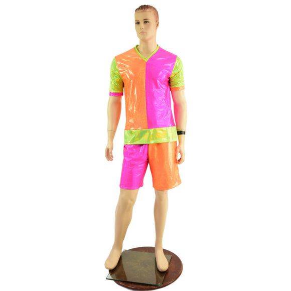 Mens Basketball Shorts and Shirt Set in Neon Holo Colorblocking - Coquetry Clothing