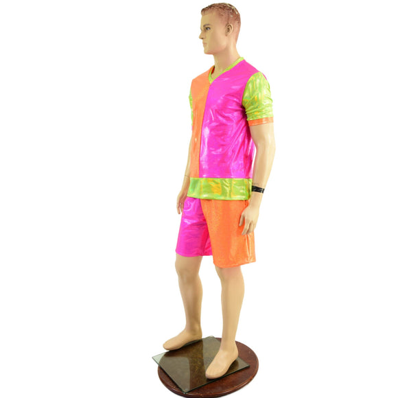 Mens Basketball Shorts and Shirt Set in Neon Holo Colorblocking - Coquetry Clothing