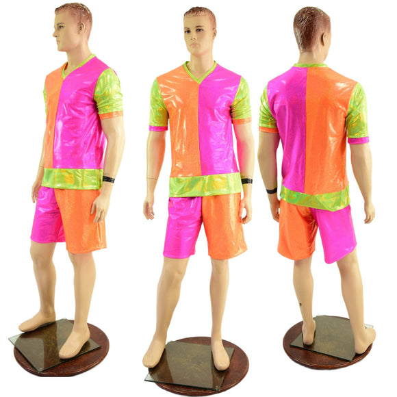 Mens Basketball Shorts and Shirt Set in Neon Holo Colorblocking - Coquetry Clothing