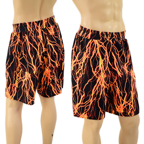 Mens Basketball Shorts with Pockets in Neon Orange Lightning - Coquetry Clothing