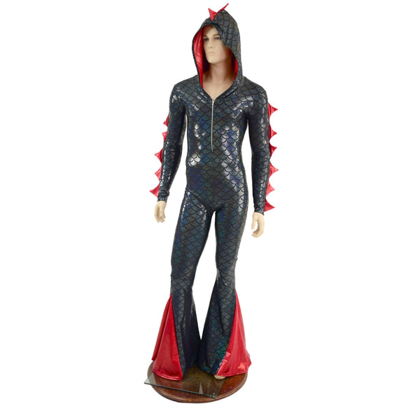 Mens Black and Red Dragon Hooded Zipper Front Catsuit with Added Flair - Coquetry Clothing