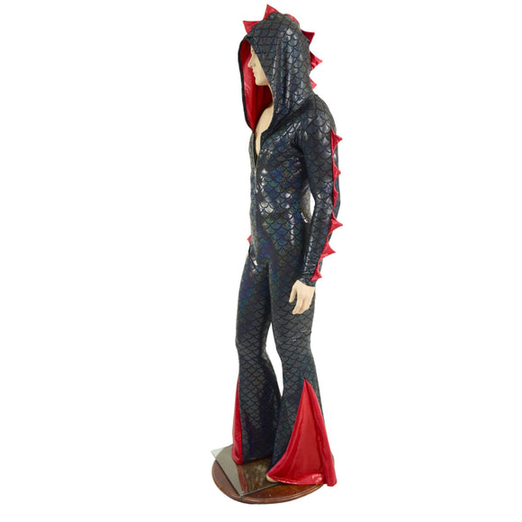 Mens Black and Red Dragon Hooded Zipper Front Catsuit with Added Flair - Coquetry Clothing