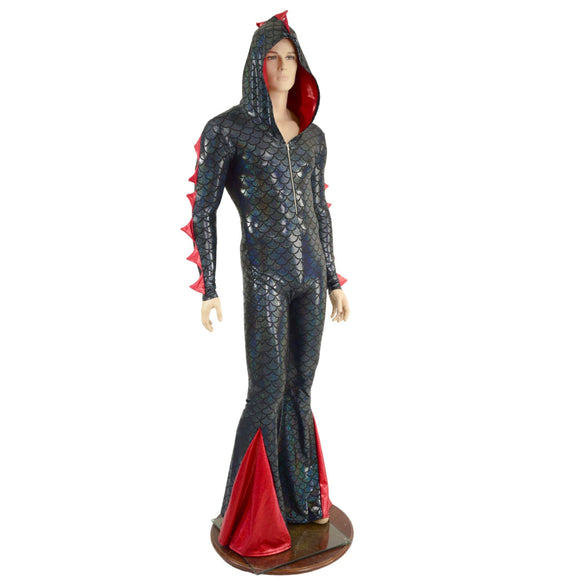 Mens Black and Red Dragon Hooded Zipper Front Catsuit with Added Flair - Coquetry Clothing