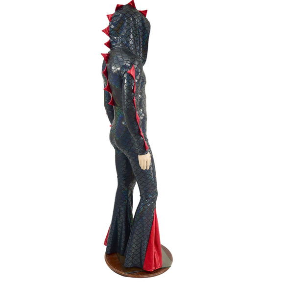 Mens Black and Red Dragon Hooded Zipper Front Catsuit with Added Flair - Coquetry Clothing