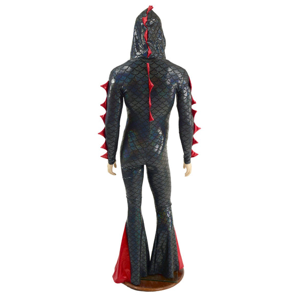 Mens Black and Red Dragon Hooded Zipper Front Catsuit with Added Flair - Coquetry Clothing