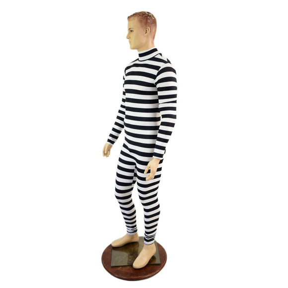Mens Black and White Horizontal Stripe Long Sleeve Catsuit with Turtleneck and Back Zipper - Coquetry Clothing