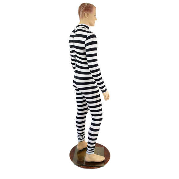 Mens Black and White Horizontal Stripe Long Sleeve Catsuit with Turtleneck and Back Zipper - Coquetry Clothing