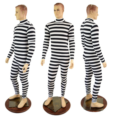 Mens Black and White Horizontal Stripe Long Sleeve Catsuit with Turtleneck and Back Zipper - Coquetry Clothing
