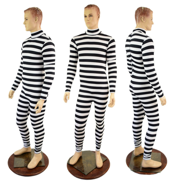 Mens Black and White Horizontal Stripe Long Sleeve Catsuit with Turtleneck and Back Zipper - Coquetry Clothing