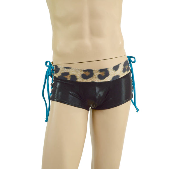 Mens Extra Cheeky Lowrise Laceup Aruba Shorts with Paw Print - Coquetry Clothing