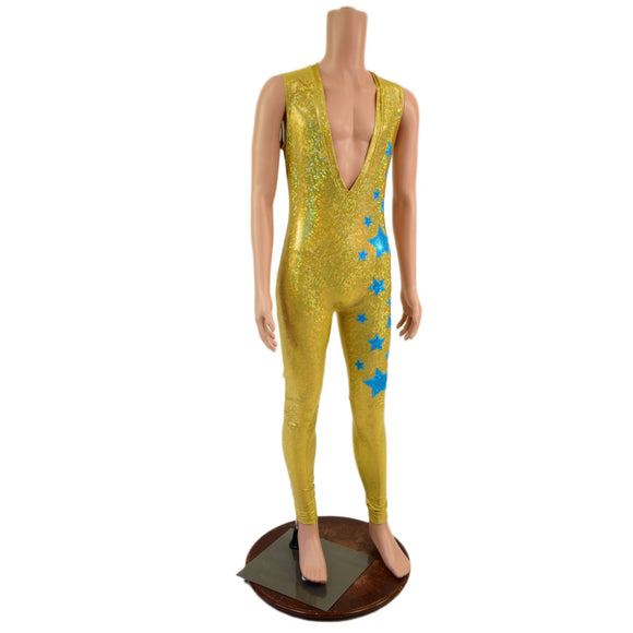 Mens Gold Kaleidoscope Catsuit with Turquoise Kaleidoscope Stars - Coquetry Clothing