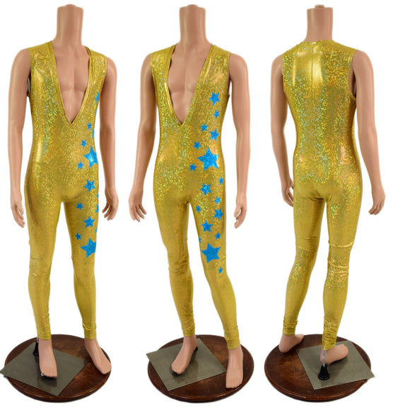 Mens Gold Kaleidoscope Catsuit with Turquoise Kaleidoscope Stars - Coquetry Clothing