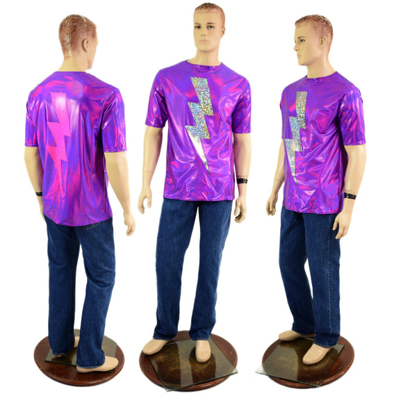Mens Grape Holoraphic Tee with Pink and Silver Bolt Applique - Coquetry Clothing