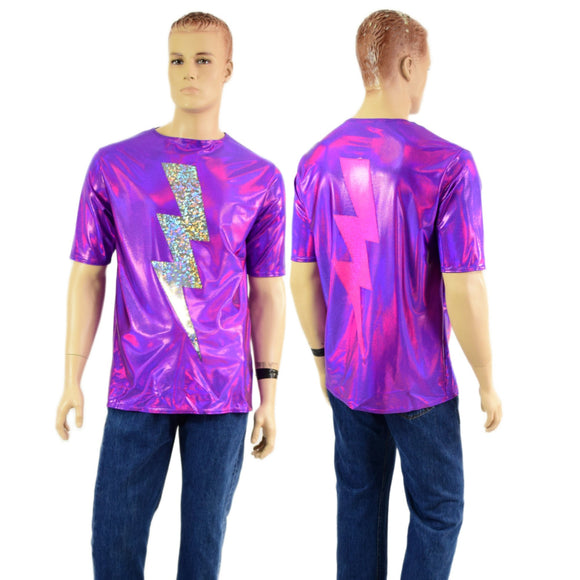 Mens Grape Holoraphic Tee with Pink and Silver Bolt Applique - Coquetry Clothing