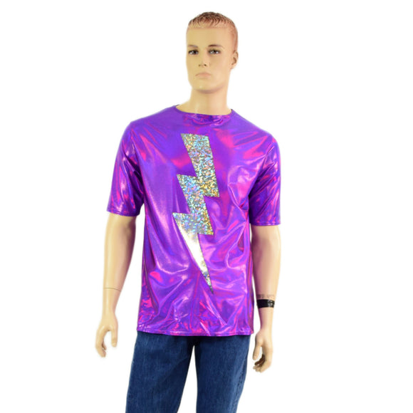 Mens Grape Holoraphic Tee with Pink and Silver Bolt Applique - Coquetry Clothing