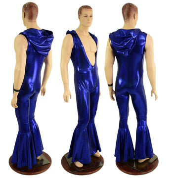Mens Hooded "Flava Rava" Catsuit in Blue Sparkly Jewel - Coquetry Clothing