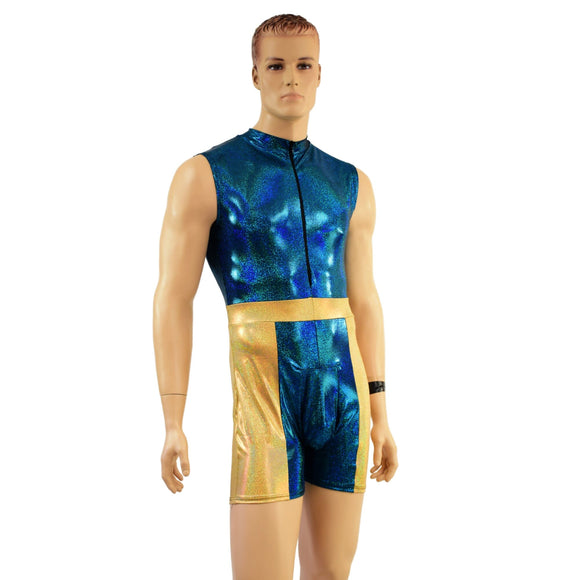 Mens KAPOW Romper in Ocean Sparkle and Gold Sparkly Jewel - Coquetry Clothing