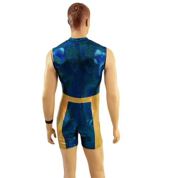 Mens KAPOW Romper in Ocean Sparkle and Gold Sparkly Jewel - Coquetry Clothing