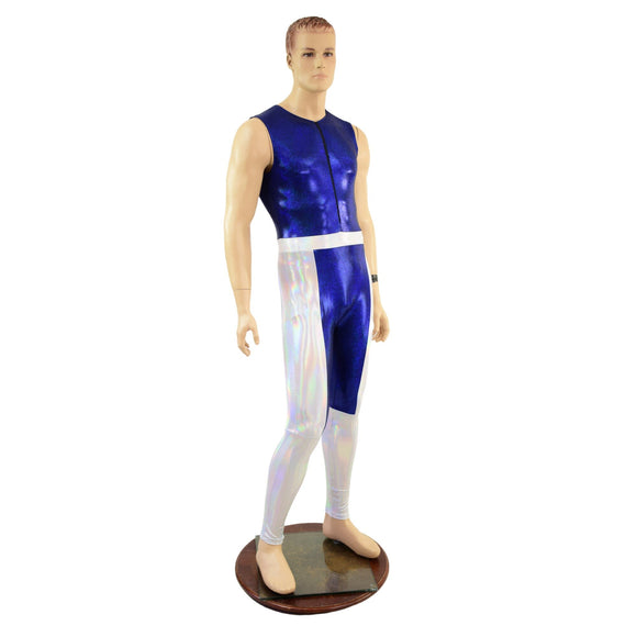 Mens KAPOW Superhero Catsuit in Blue Sparkly Jewel and Flashbulb - Coquetry Clothing