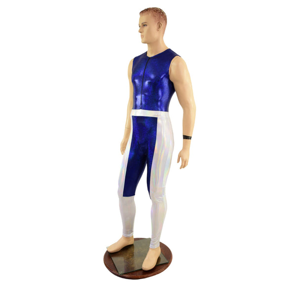 Mens KAPOW Superhero Catsuit in Blue Sparkly Jewel and Flashbulb - Coquetry Clothing
