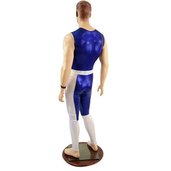 Mens KAPOW Superhero Catsuit in Blue Sparkly Jewel and Flashbulb - Coquetry Clothing