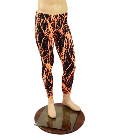 Mens Leggings in Neon Orange Lightning - Coquetry Clothing