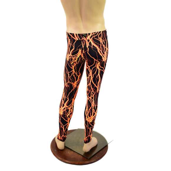 Mens Leggings in Neon Orange Lightning - Coquetry Clothing