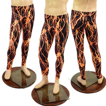 Mens Leggings in Neon Orange Lightning - Coquetry Clothing