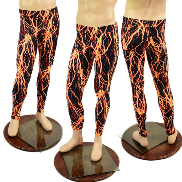 Mens Leggings in Neon Orange Lightning - Coquetry Clothing