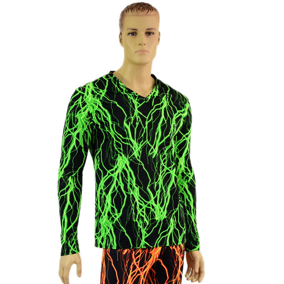 Mens Long Sleeve V Neck Shirt in Neon Green Lightning - Coquetry Clothing