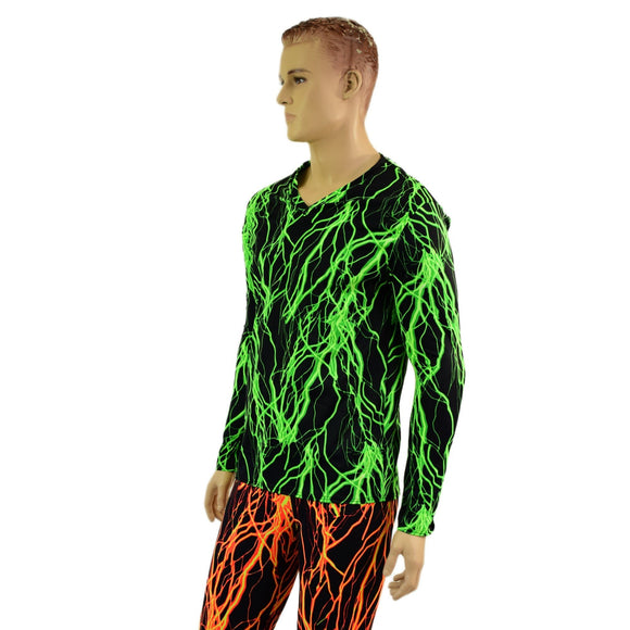 Mens Long Sleeve V Neck Shirt in Neon Green Lightning - Coquetry Clothing