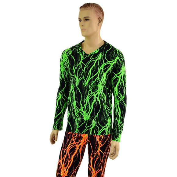 Mens Long Sleeve V Neck Shirt in Neon Green Lightning - Coquetry Clothing