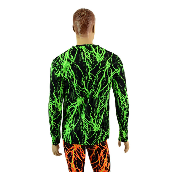 Mens Long Sleeve V Neck Shirt in Neon Green Lightning - Coquetry Clothing