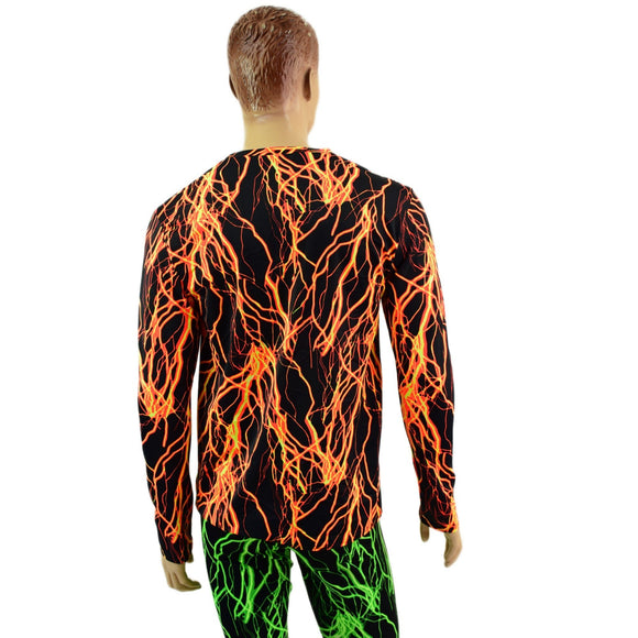 Mens Long Sleeve V Neck Shirt in Neon Orange Lightning - Coquetry Clothing