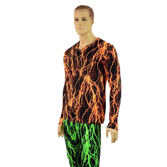 Mens Long Sleeve V Neck Shirt in Neon Orange Lightning - Coquetry Clothing