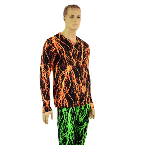 Mens Long Sleeve V Neck Shirt in Neon Orange Lightning - Coquetry Clothing