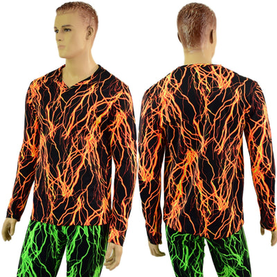 Mens Long Sleeve V Neck Shirt in Neon Orange Lightning - Coquetry Clothing