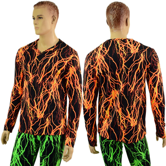 Mens Long Sleeve V Neck Shirt in Neon Orange Lightning - Coquetry Clothing