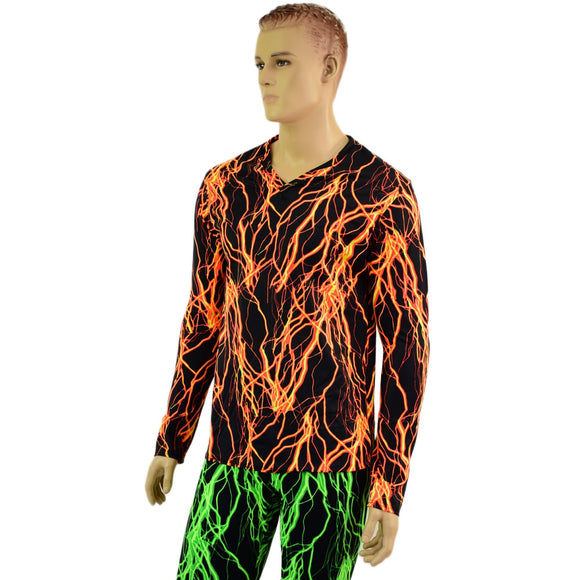 Mens Long Sleeve V Neck Shirt in Neon Orange Lightning - Coquetry Clothing