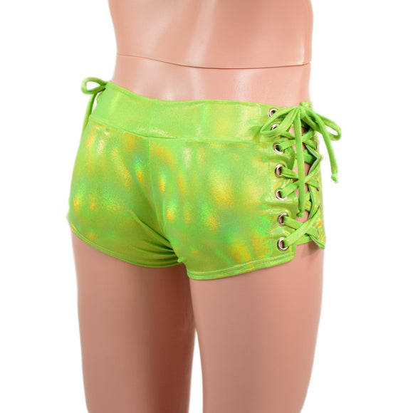 Mens Lowrise Laceup Aruba Shorts in Neon Lime Holographic - Coquetry Clothing