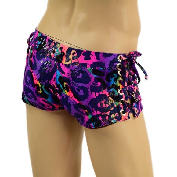 Mens Lowrise Laceup Aruba Shorts in Rainbow Leopard Print - Coquetry Clothing