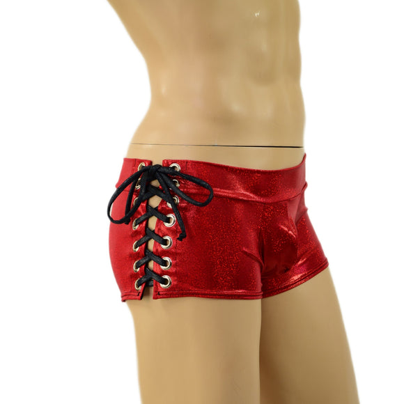 Mens Lowrise Laceup Aruba Shorts in Red Sparkly Jewel - Coquetry Clothing