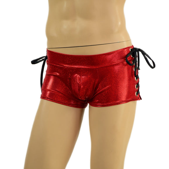 Mens Lowrise Laceup Aruba Shorts in Red Sparkly Jewel - Coquetry Clothing
