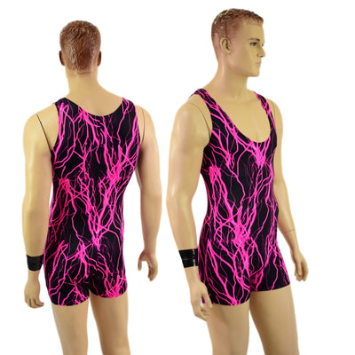 Mens Neon Pink Lightning Singlet Romper - Coquetry Clothing