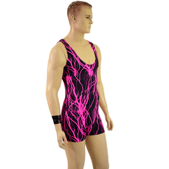 Mens Neon Pink Lightning Singlet Romper - Coquetry Clothing