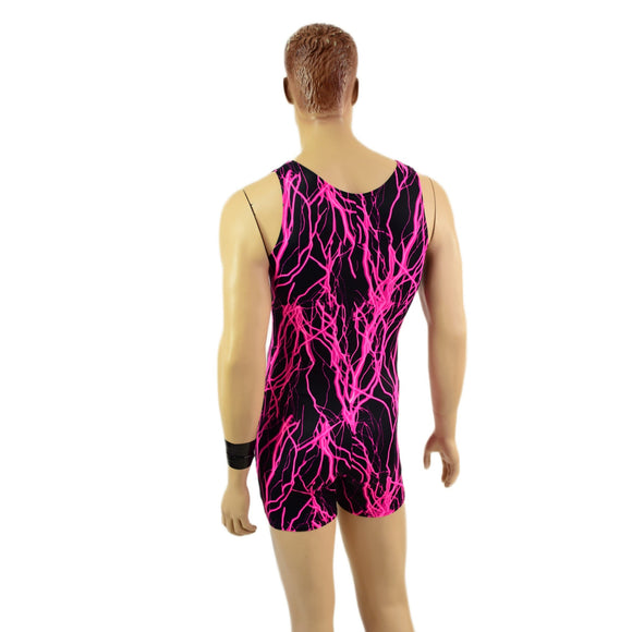 Mens Neon Pink Lightning Singlet Romper - Coquetry Clothing