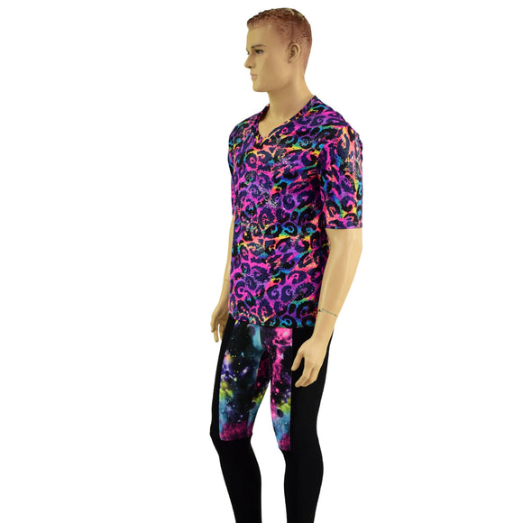 Mens Rainbow Leopard V Neck Shirt with Tee Sleeves - Coquetry Clothing